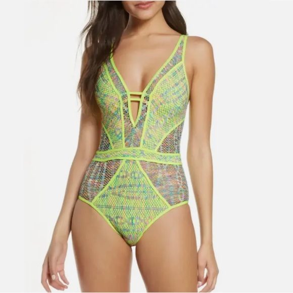 BECCA Other - Becca Show & Tell Crochet Plunge One Piece Green Glow Swimsuit